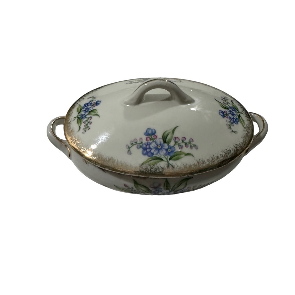 Vtg Forget Me Not White & Blue Flowers Glazed Stoneware Trinket Dish & Lid 7x4”